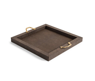wooden serving tray pinetti rectangular leather chrome gold handles front view