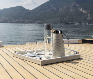 thermal carafe stainless steel insulated beverage laser cut leather design angle view