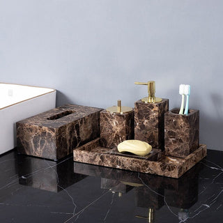 Juego de baño de mármol oscuro – Dispensador de jabón y accesorios de mármol marrón de lujo