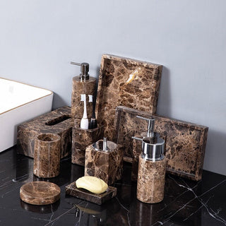 Juego de baño de mármol oscuro – Dispensador de jabón y accesorios de mármol marrón de lujo