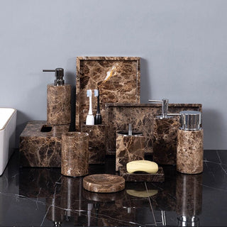 dark brown marble luxury bathroom set soap dispenser accessories close-up