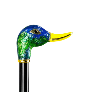 24K gold enamel duck head handle black beechwood Italian luxury walking cane detail