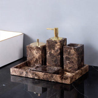 Juego de baño de mármol oscuro – Dispensador de jabón y accesorios de mármol marrón de lujo