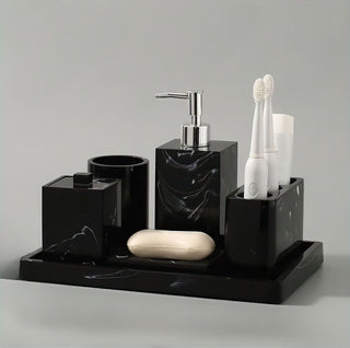 black marble bathroom set white veined luxury modern design top view