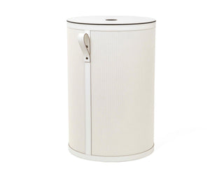 round woven leather laundry hamper lid elegant bathroom storage front view