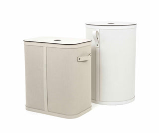 round woven leather laundry hamper lid elegant bathroom storage angle view
