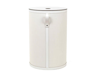 round woven leather laundry hamper lid elegant bathroom storage close-up