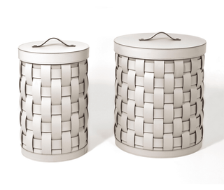 regenerated leather handwoven paper bin bathroom storage basket side view