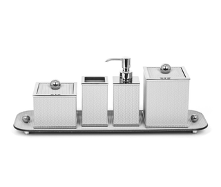 square leather bathroom set soap dispenser small tray accessories front view