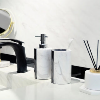 black white split design marble luxury bathroom accessories set top view