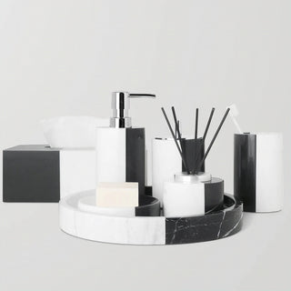 black white split design marble luxury bathroom accessories set close-up detail
