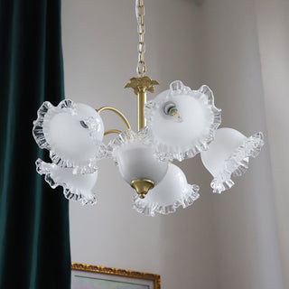Large copper flower chandelier illuminated — brass resin warm