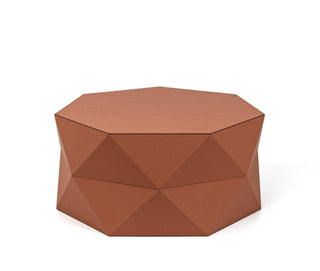geometric coffee table wooden side table recycled leather unique design front view