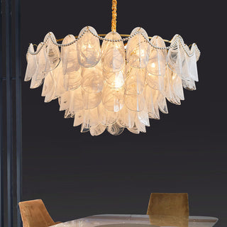 Cloud glass chandelier side — luxury frosted pendant warm ceiling