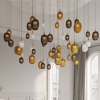 Stained glass pendant in interior — ball iron frame ceiling lamp