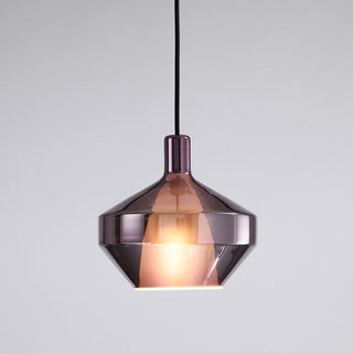 Modern pendant showing multicolored glass shade detail