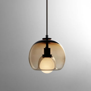 Amber lampshade pendant with handblown glass orb
