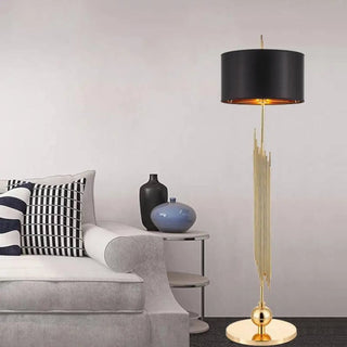 LARGE grand black and gold floor lamp – drum shade full view