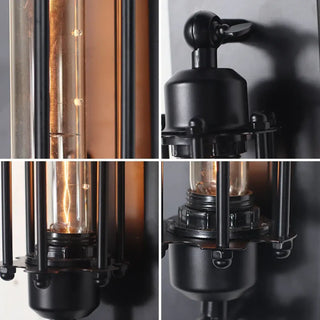 Black industrial wall sconce installed view loft decor