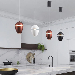 Bedside pendant lamp detail — small cozy bedroom ceiling