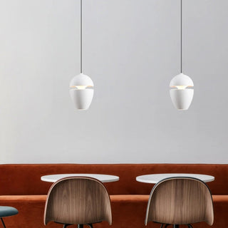 Small pendant in bedroom interior — cozy bedside ceiling lamp