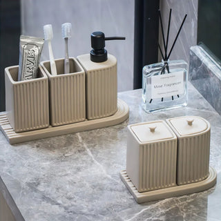 ceramic minimalist eco friendly bathroom accessories ensemble set close-up