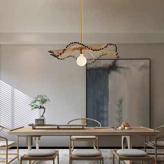 Boho rattan wave pendant side view — modern hanging fixture