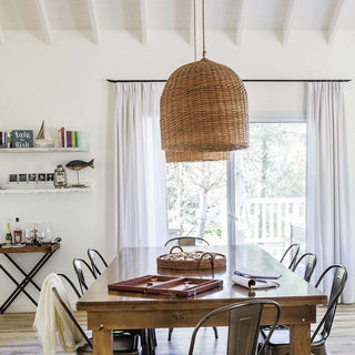 Bamboo pendant lamp detail — round rattan basket kitchen fixture