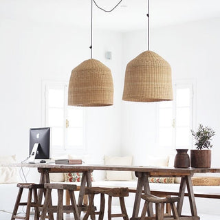 Round rattan basket pendant close-up — bamboo kitchen island lamp
