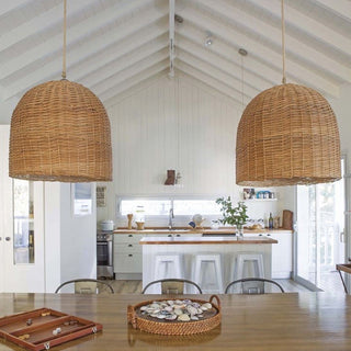 Round bamboo rattan basket pendant light — kitchen island fixture