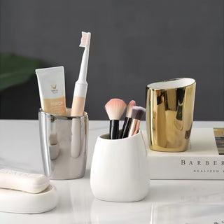 Accessoires de salle de bain en céramique | Distributeur de savon et gobelet porte-brosse à dents