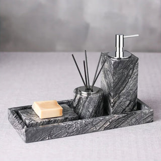 marble bathroom accessories elegant soap dispensers soap trays set close-up detail
