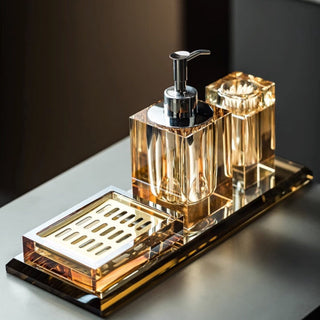 crystal glass luxury bathroom set soap dispenser tray accessories close-up detail