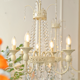 White metal crystal tassel chandelier setting — vintage luxury wide