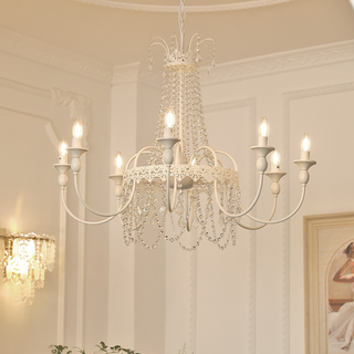 Vintage Chandelier Light – White Metal & Glass Luxury Crystal Tassel Fixture