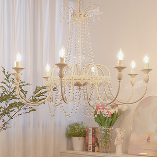Vintage Chandelier Light – White Metal & Glass Luxury Crystal Tassel Fixture