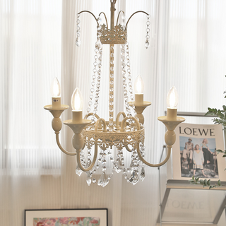 Vintage crystal tassel chandelier ambient — white metal warm glow