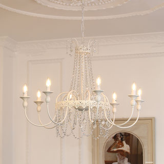 Vintage Chandelier Light – White Metal & Glass Luxury Crystal Tassel Fixture