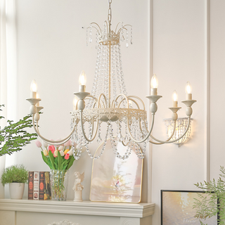 Vintage Chandelier Light – White Metal & Glass Luxury Crystal Tassel Fixture