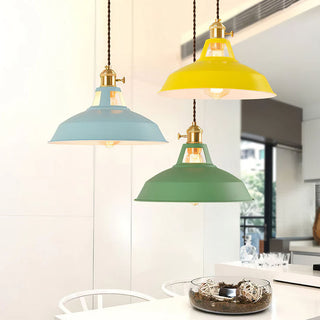 Round iron pendant from below — colorful kitchen island lamp