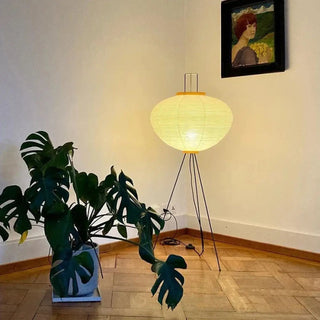 CHLOE tripod metal floor lamp with paper shade – full view