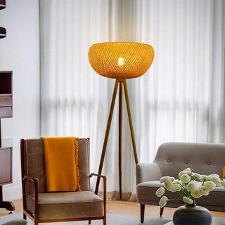 Rattan Floor Lamp – Bamboo & Black Metal Woven Wood Light for Living Room