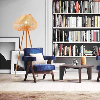 ROTINA rattan floor lamp – near blue velvet chair