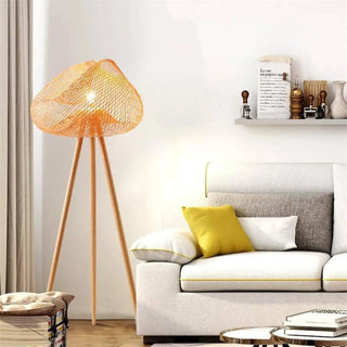 ROTINA rattan tripod floor lamp – orange woven mesh full view