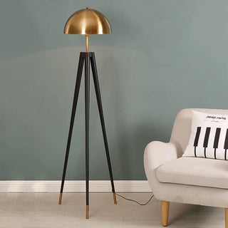MORENO floor lamp – black tripod and brass shade view