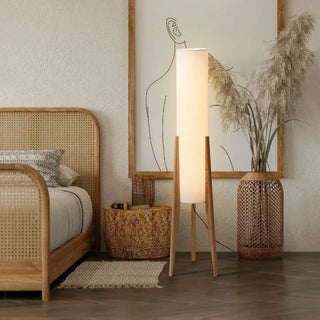 PLATAGA Nordic natural wood tripod floor lamp – cylindrical shade full view