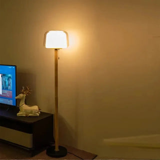 JIOOR clear glass floor lamp with wood stem – full view with shade
