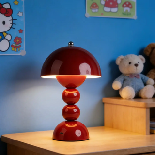 POUSHI Red Lacquered Mushroom Bedside Lamp – Bold Retro Design