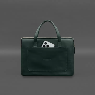 leather laptop sleeve 13 inch crust leather handles front pocket side view