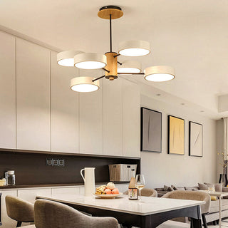 Modern LED branched pendant in interior — iron wood lamp